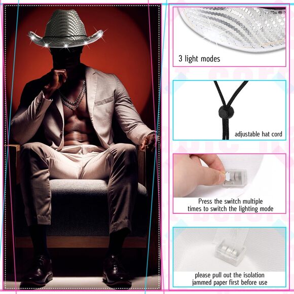 8839 30 Pack Led Lights Cowboy Cowgirl Hat Flashing Led Lights Cowgirl Hat